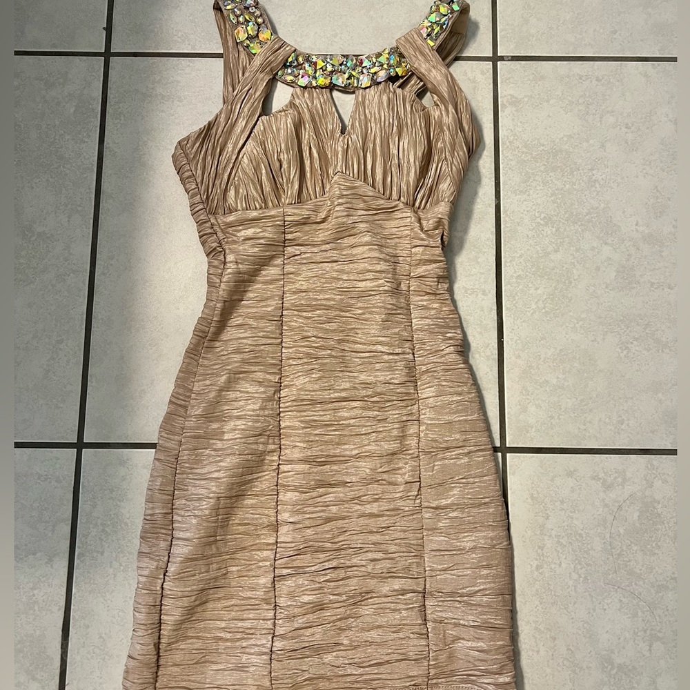 Taupe cut out front dress with beaded detail neckline size 5.
